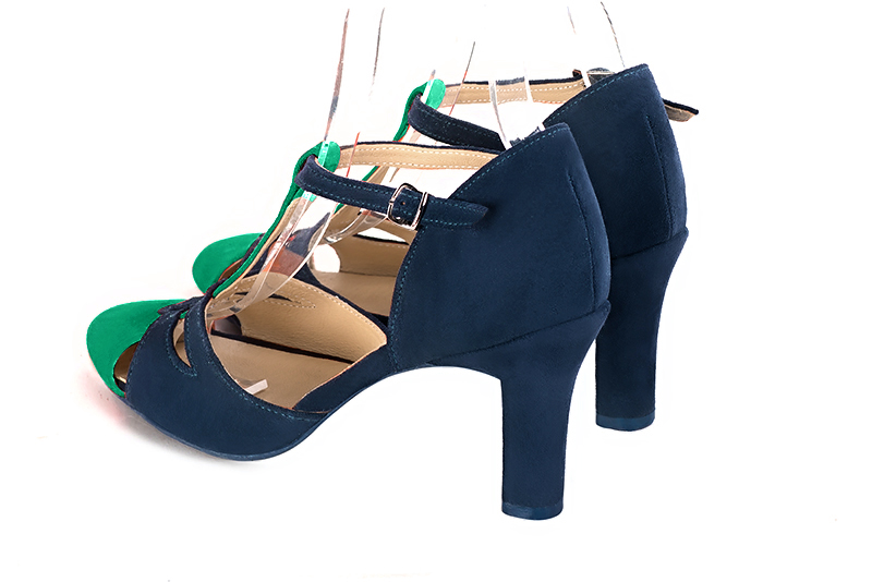 Emerald green and navy blue women's T-strap open side shoes. Round toe. High kitten heels. Rear view - Florence KOOIJMAN
